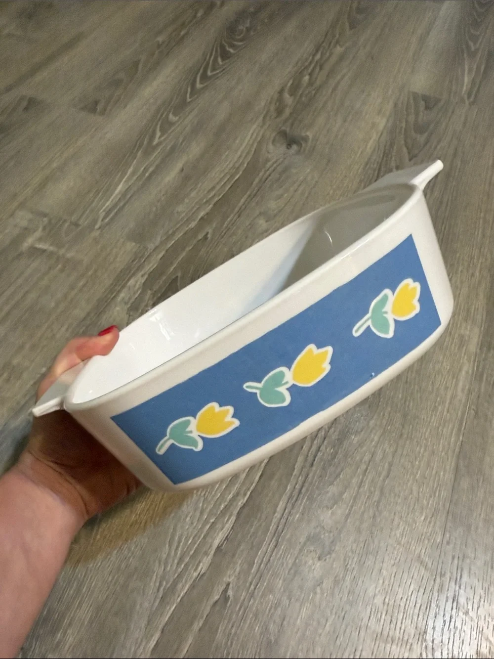 Corningware Primavera Baking Dish with Blue  Border & Yellow Tulip Accents Vtg